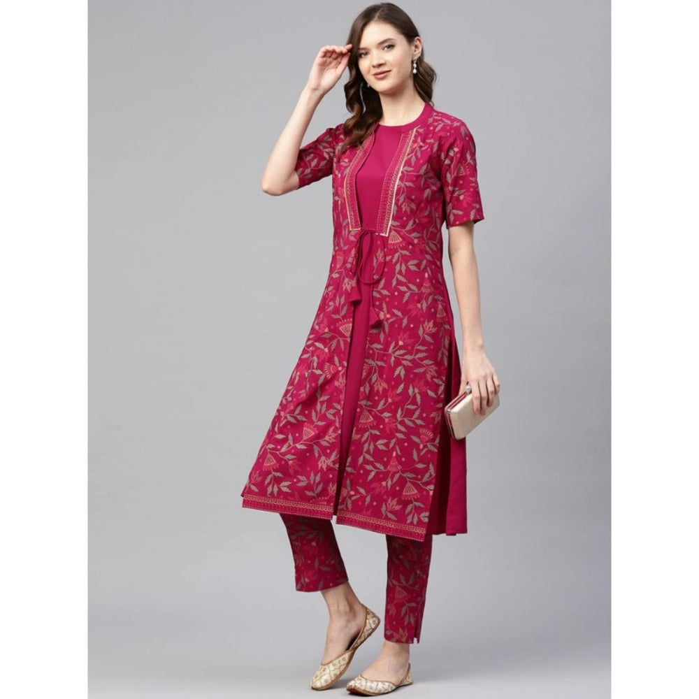 Amfyn Women's Casual Half Sleeve Floral Printed Crepe Kurti And Pant Set (Pink)