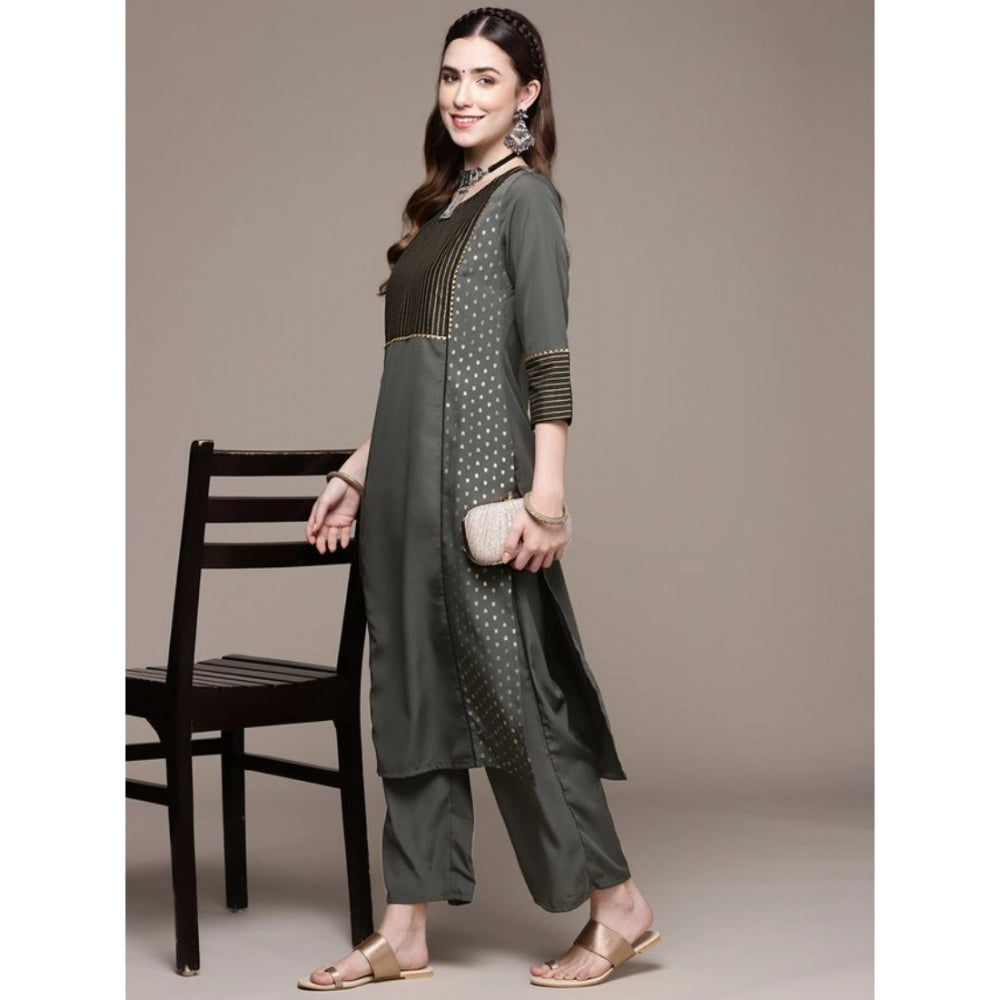 Amfyn Women's Casual 3-4Th Sleeve Stripes Crepe Kurti and Pant Set (Dark Grey)