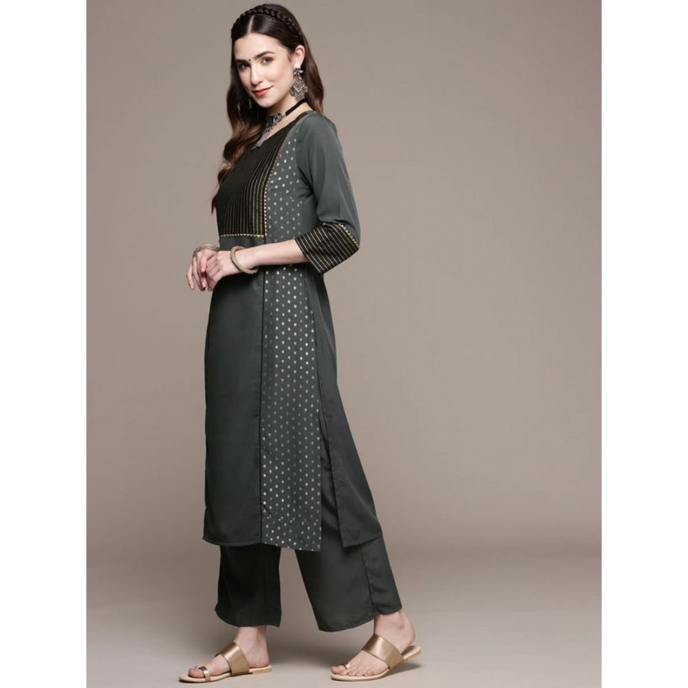 Amfyn Women's Casual 3-4Th Sleeve Stripes Crepe Kurti and Pant Set (Dark Grey)