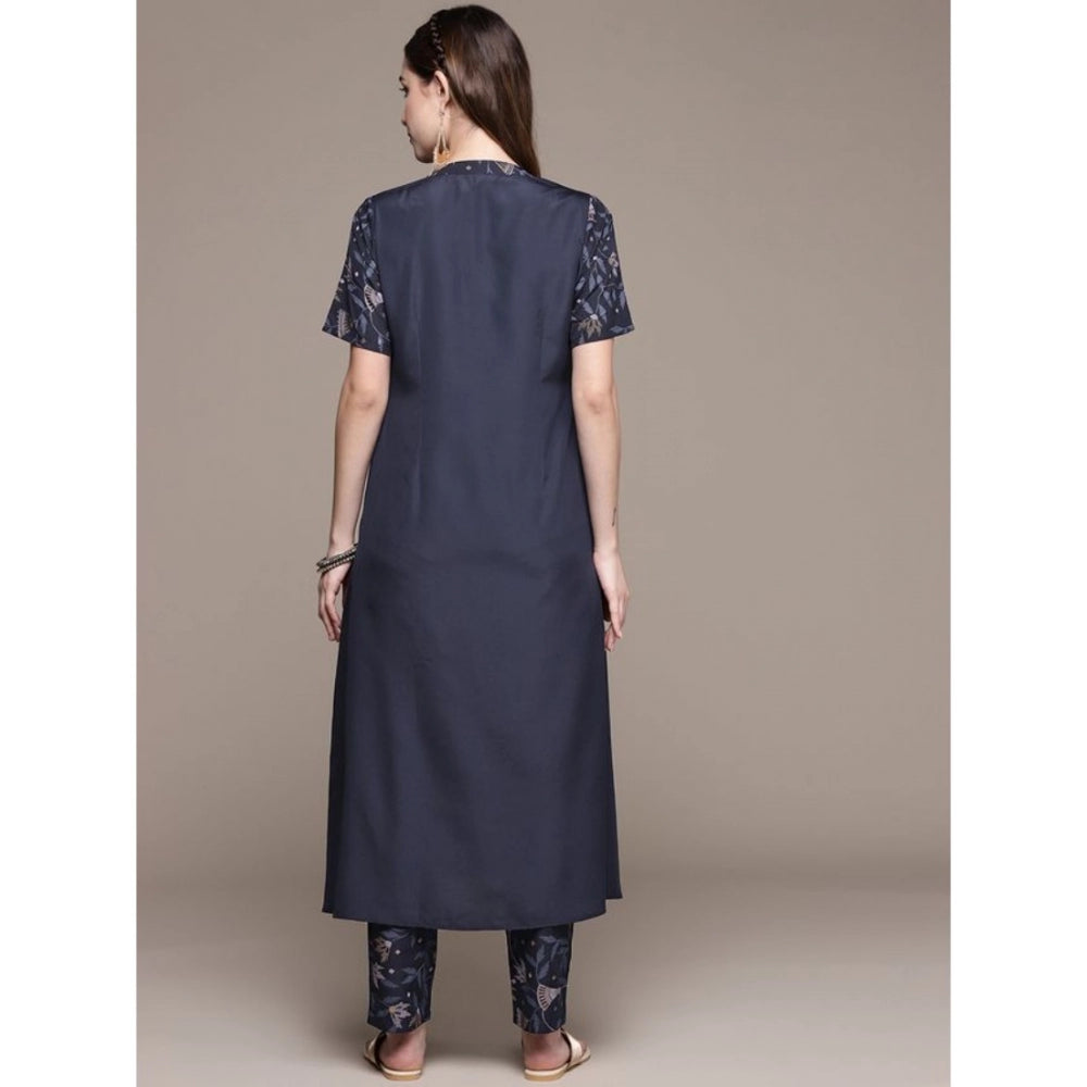 Amfyn Women's Casual Half Sleeve Ethnic Motifs Crepe Kurti and Pant Set (Navy Blue)