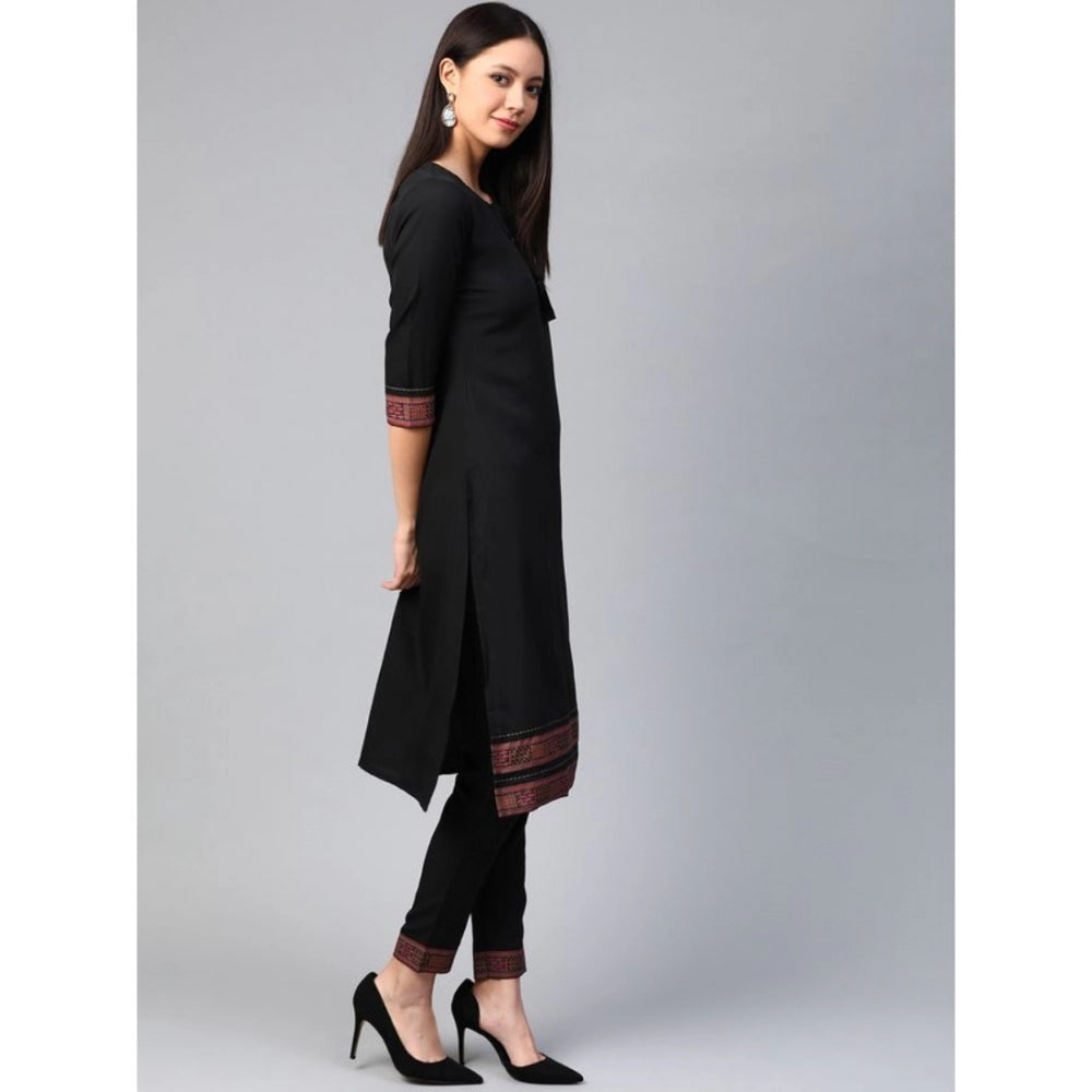 Amfyn Women's Casual 3-4Th Sleeve Solid Crepe Kurti and Pant Set (Black)
