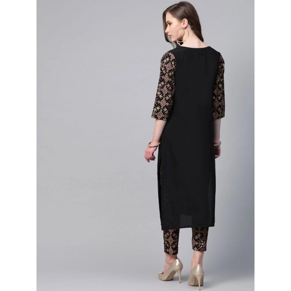 Amfyn Women's Casual 3-4Th Sleeve Solid Crepe Kurti And Pant Set (Black)