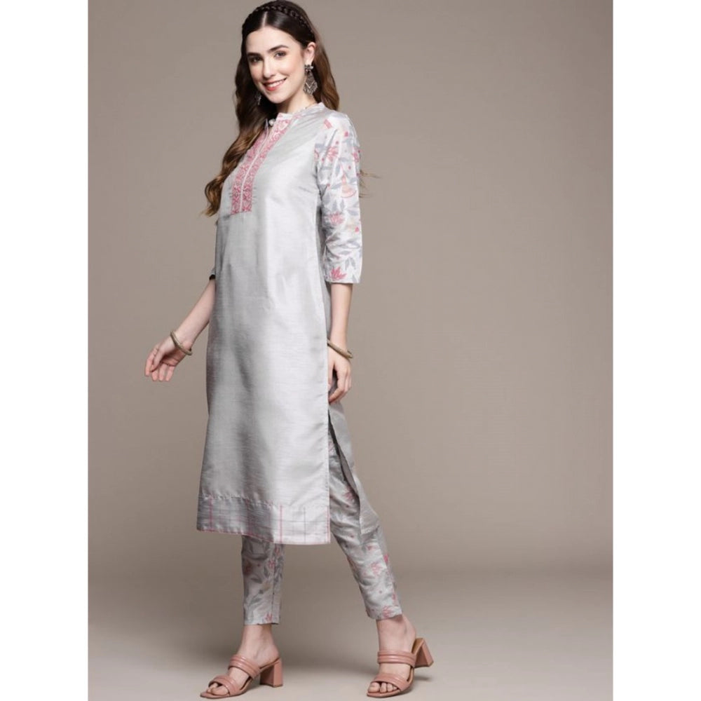 Amfyn Women's Casual 3-4Th Sleeve Solid Poly Silk Kurti and Pant Set (Light Grey)