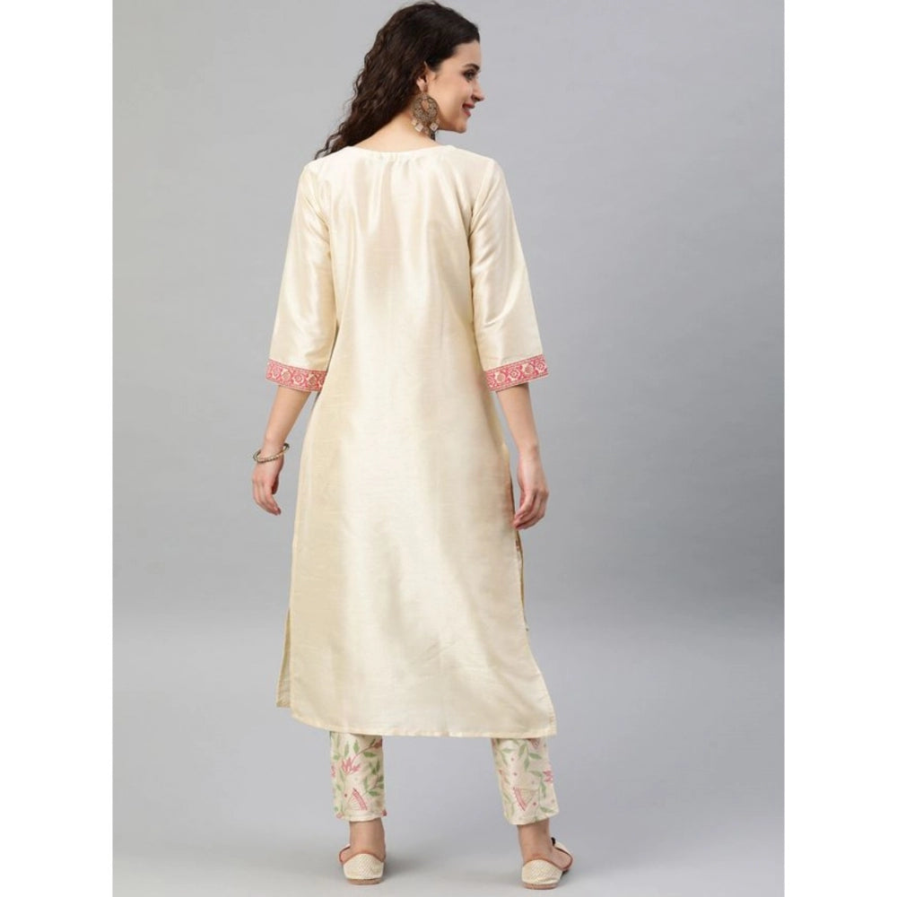 Amfyn Women's Casual 3-4Th Sleeve Geometric Poly Silk Kurti and Pant Set (Cream)
