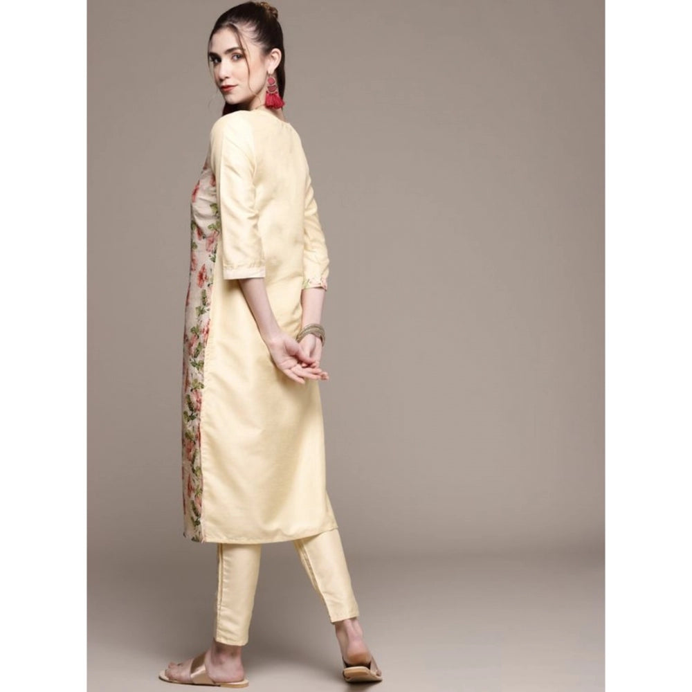 Amfyn Women's Casual 3-4Th Sleeve Floral Printed Poly Silk Kurti and Pant Set (Cream)