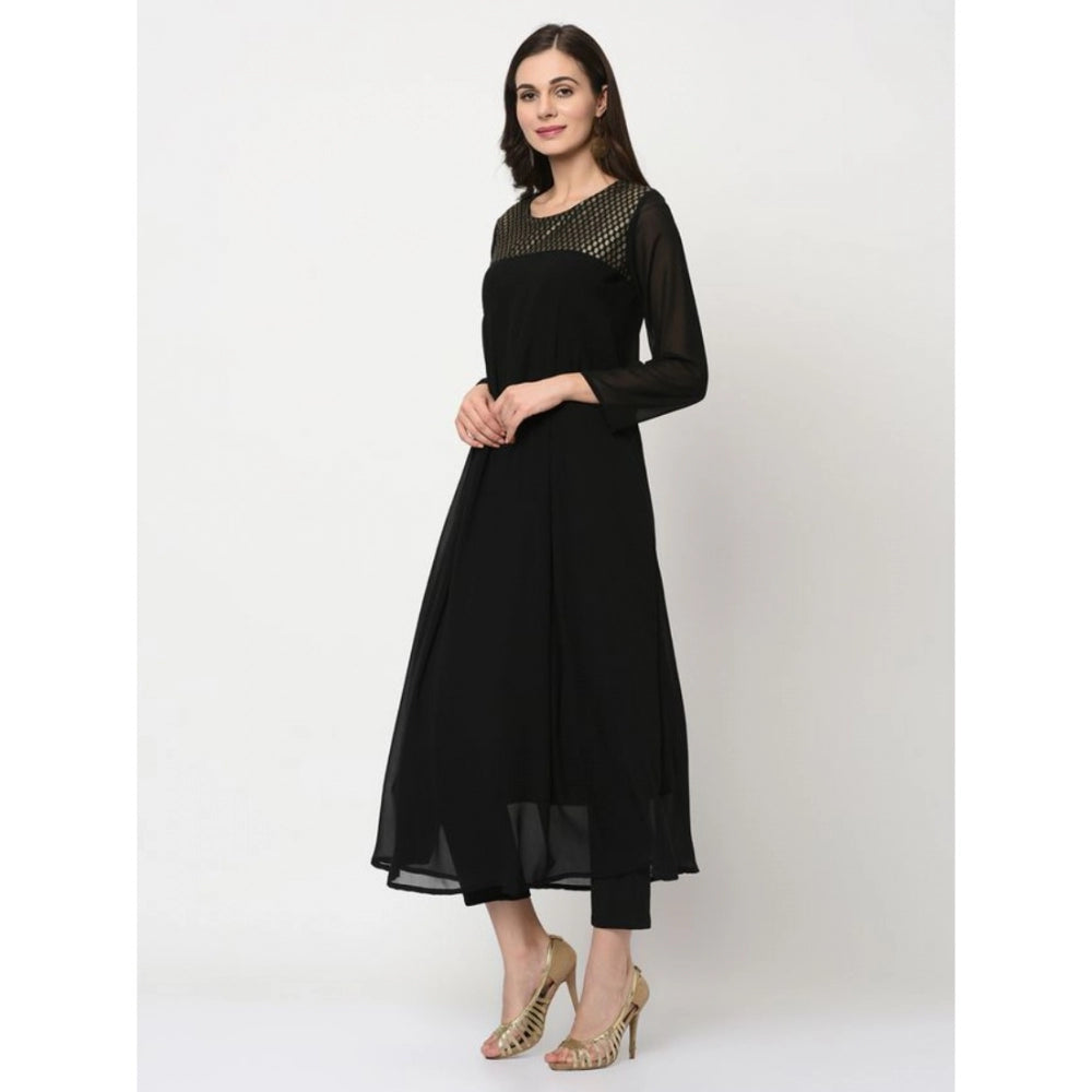 Amfyn Women's Casual 3-4Th Sleeve Geometric Georgette Kurti and Pant Set (Black)