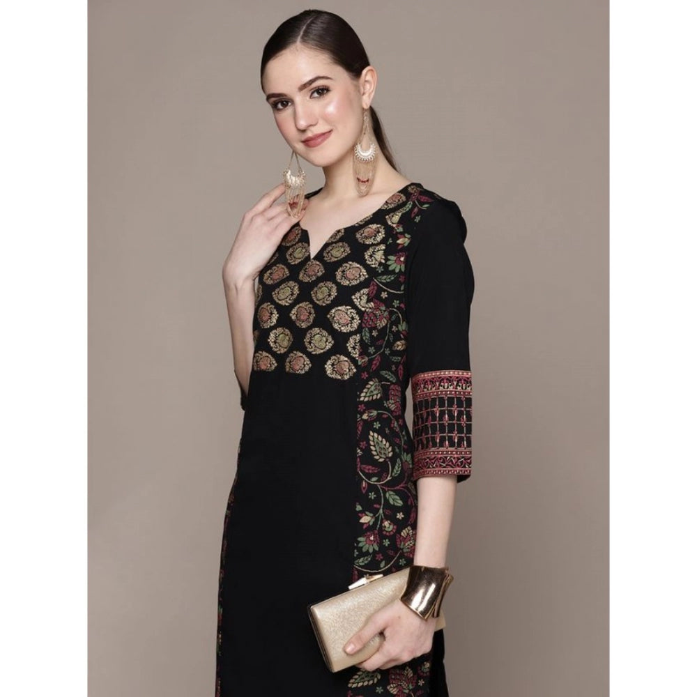Amfyn Women's Casual 3-4Th Sleeve Ethnic Motifs Crepe Kurti And Pant Set (Black)