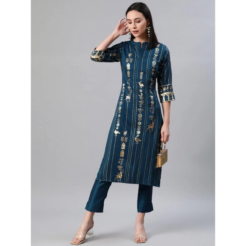 Amfyn Women's Casual 3-4Th Sleeve Floral Printed Rayon Kurti And Pant Set (Teal)
