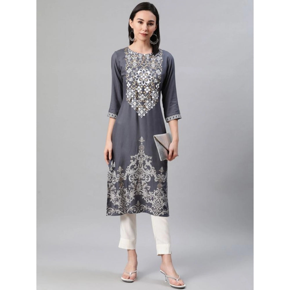 Amfyn Women's Casual 3-4Th Sleeve Floral Printed Rayon Kurti And Pant Set (Grey)