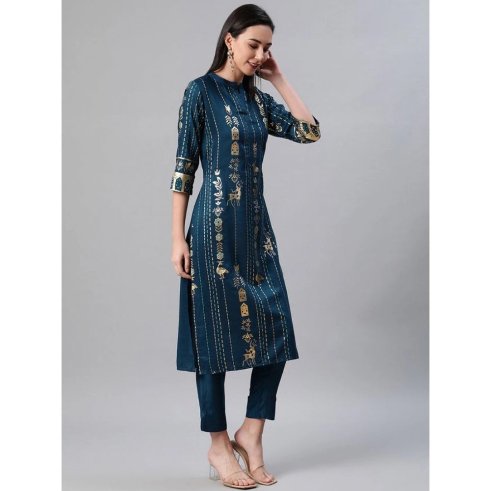 Amfyn Women's Casual 3-4Th Sleeve Floral Printed Rayon Kurti And Pant Set (Teal)
