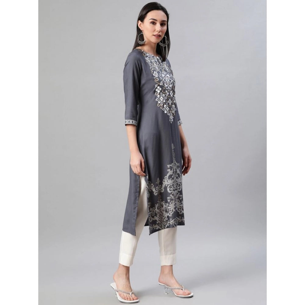 Amfyn Women's Casual 3-4Th Sleeve Floral Printed Rayon Kurti And Pant Set (Grey)