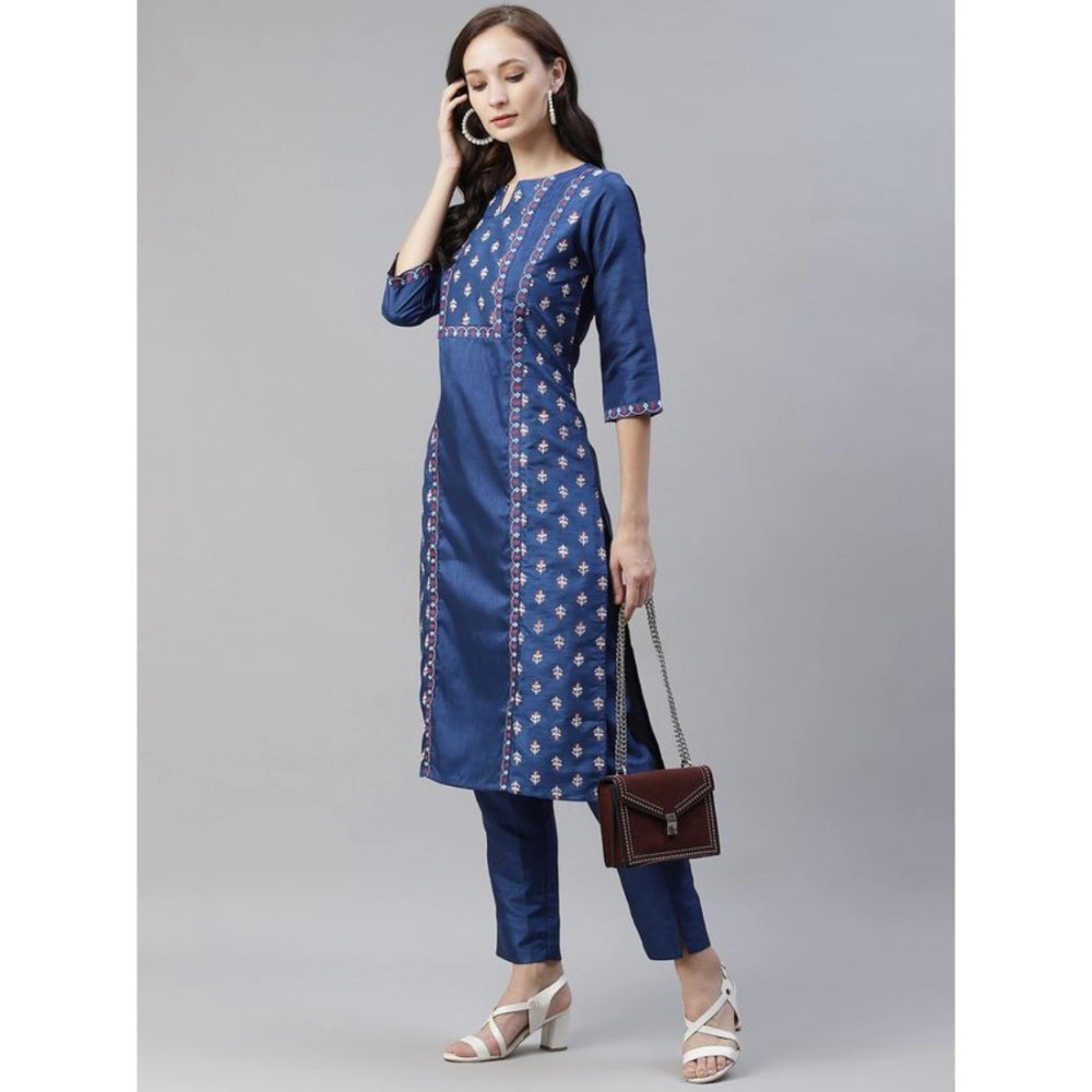 Amfyn Women's Casual 3-4Th Sleeve Floral Printed Poly Silk Kurti And Pant Set (Blue)