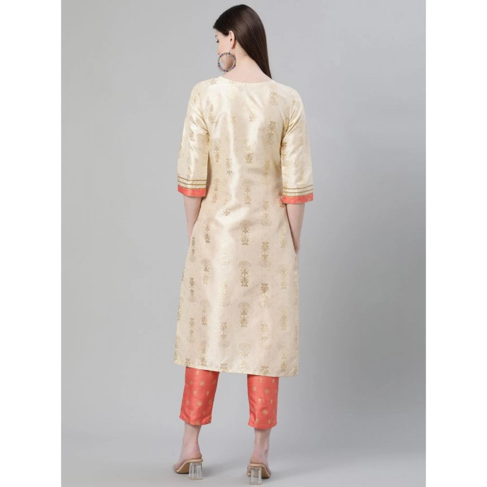 Amfyn Women's Casual 3-4Th Sleeve Floral Printed Poly Silk Kurti And Pant Set (Cream)