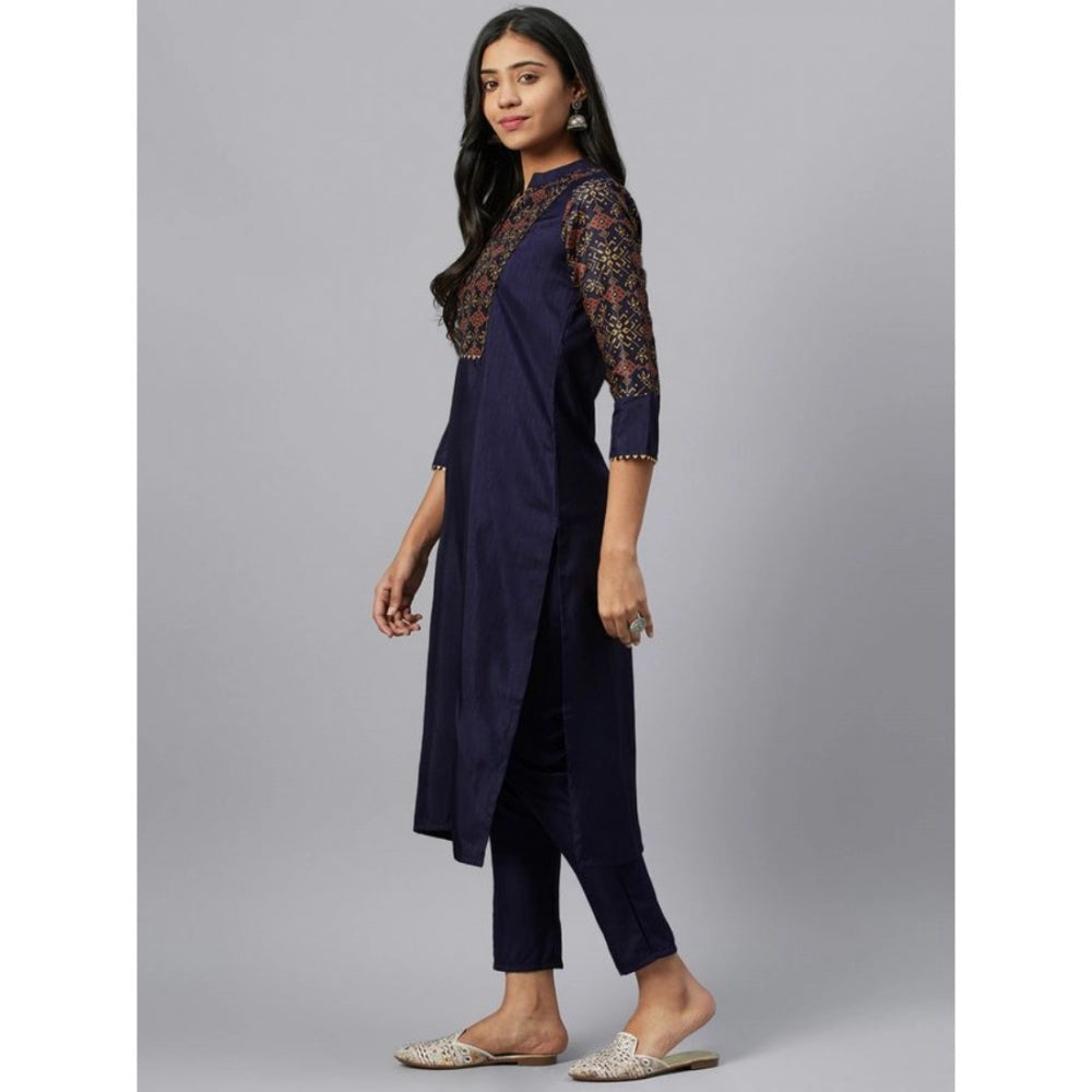 Amfyn Women's Casual 3-4Th Sleeve Ethnic Motifs Poly Silk Kurti and Pant Set (Blue)