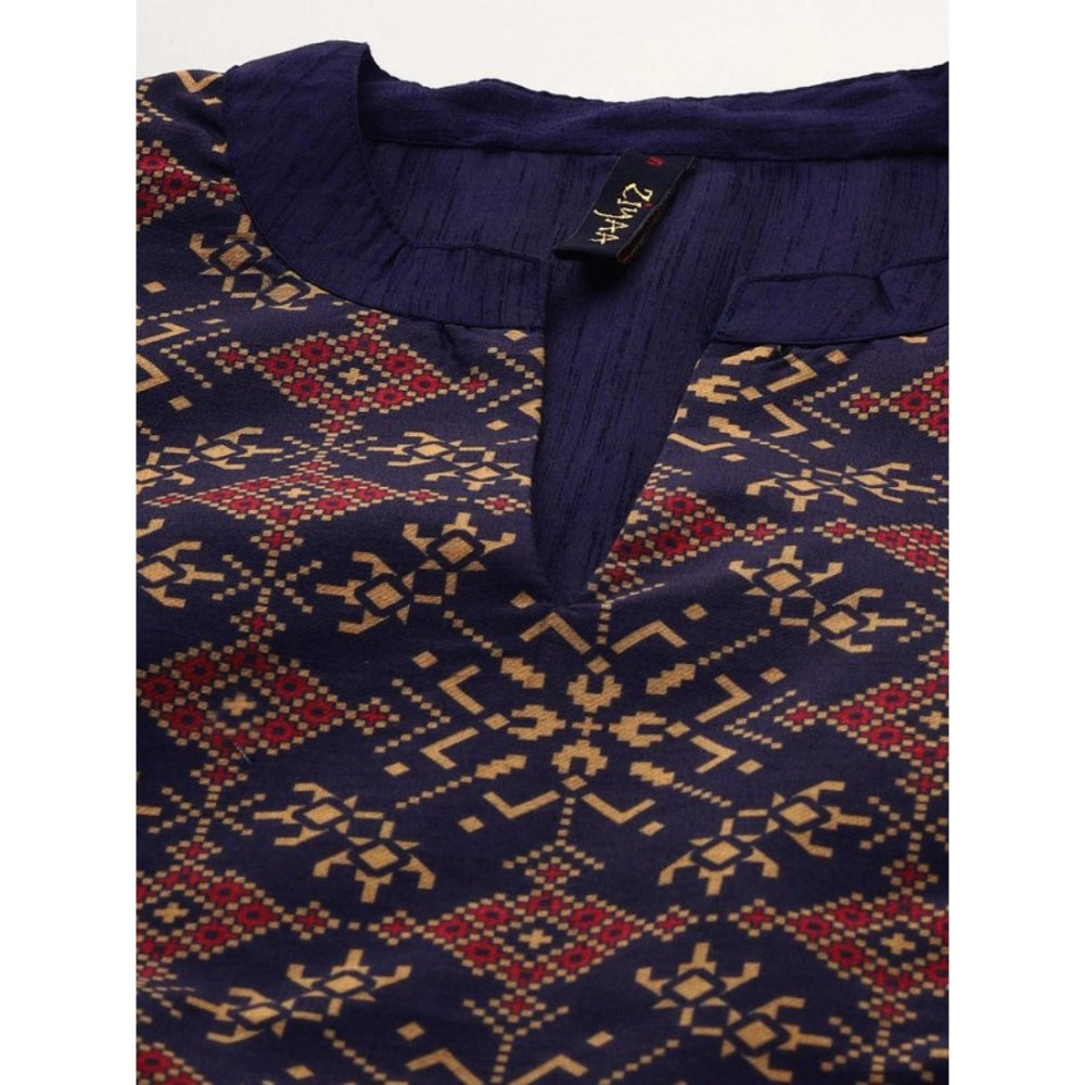 Amfyn Women's Casual 3-4Th Sleeve Ethnic Motifs Poly Silk Kurti and Pant Set (Blue)