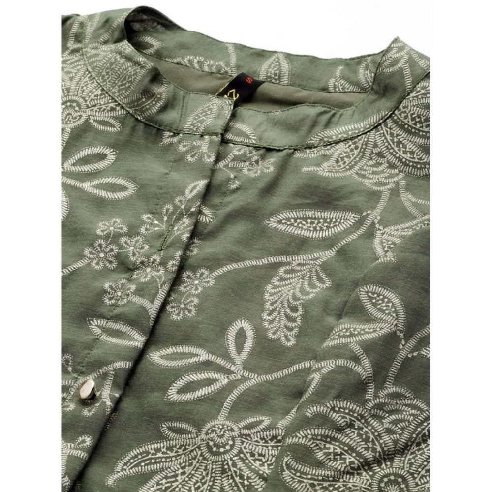 Amfyn Women's Casual 3-4Th Sleeve Floral Printed Chanderi Cotton Kurti Palazzo And Dupatta Set (Green)