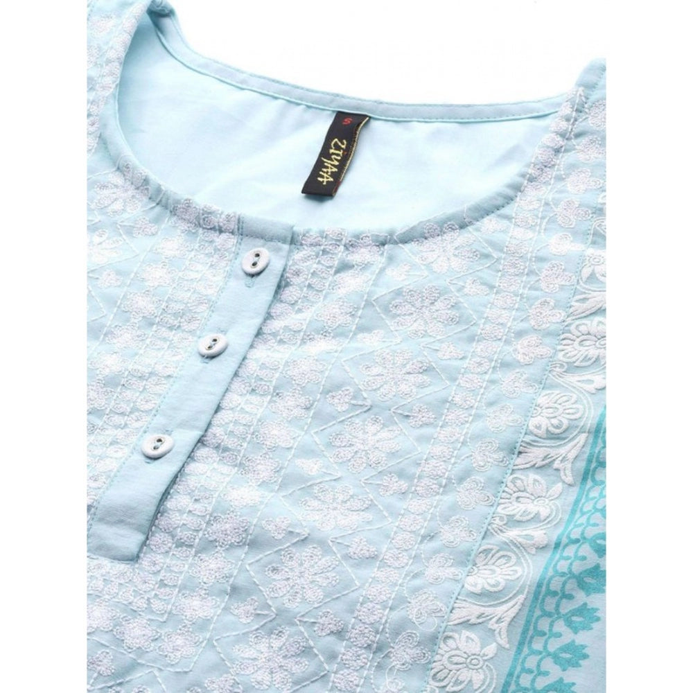 Amfyn Women's Casual 3-4Th Sleeve Floral Printed Chanderi Cotton Kurti Palazzo And Dupatta Set (Blue)