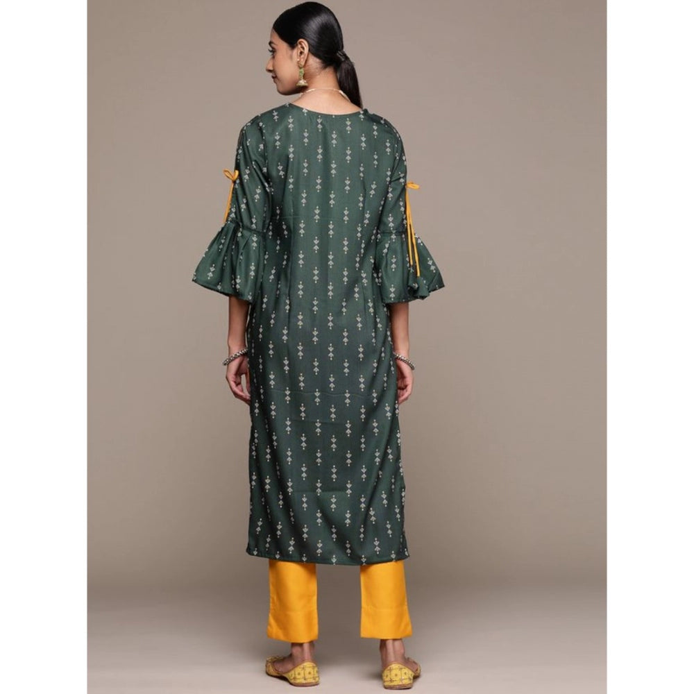 Amfyn Women's Casual 3-4Th Sleeve Ethnic Motifs Rayon Kurti And Pant Set (Bottle Green)