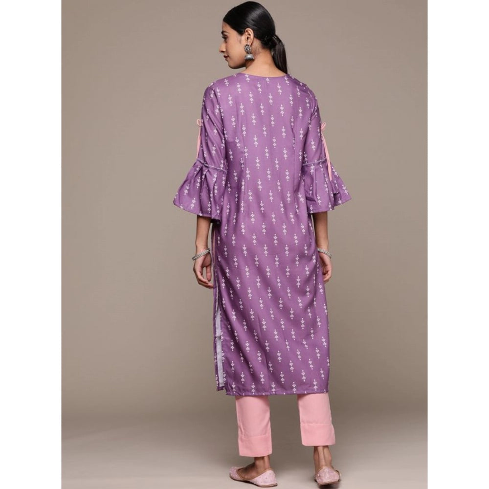 Amfyn Women's Casual 3-4Th Sleeve Ethnic Motifs Rayon Kurti And Pant Set (Lavender)