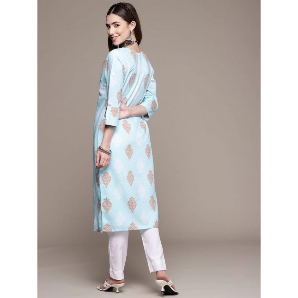 Amfyn Women's Casual 3-4Th Sleeve Ethnic Motifs Rayon Kurti And Pant Set (Sky Blue)