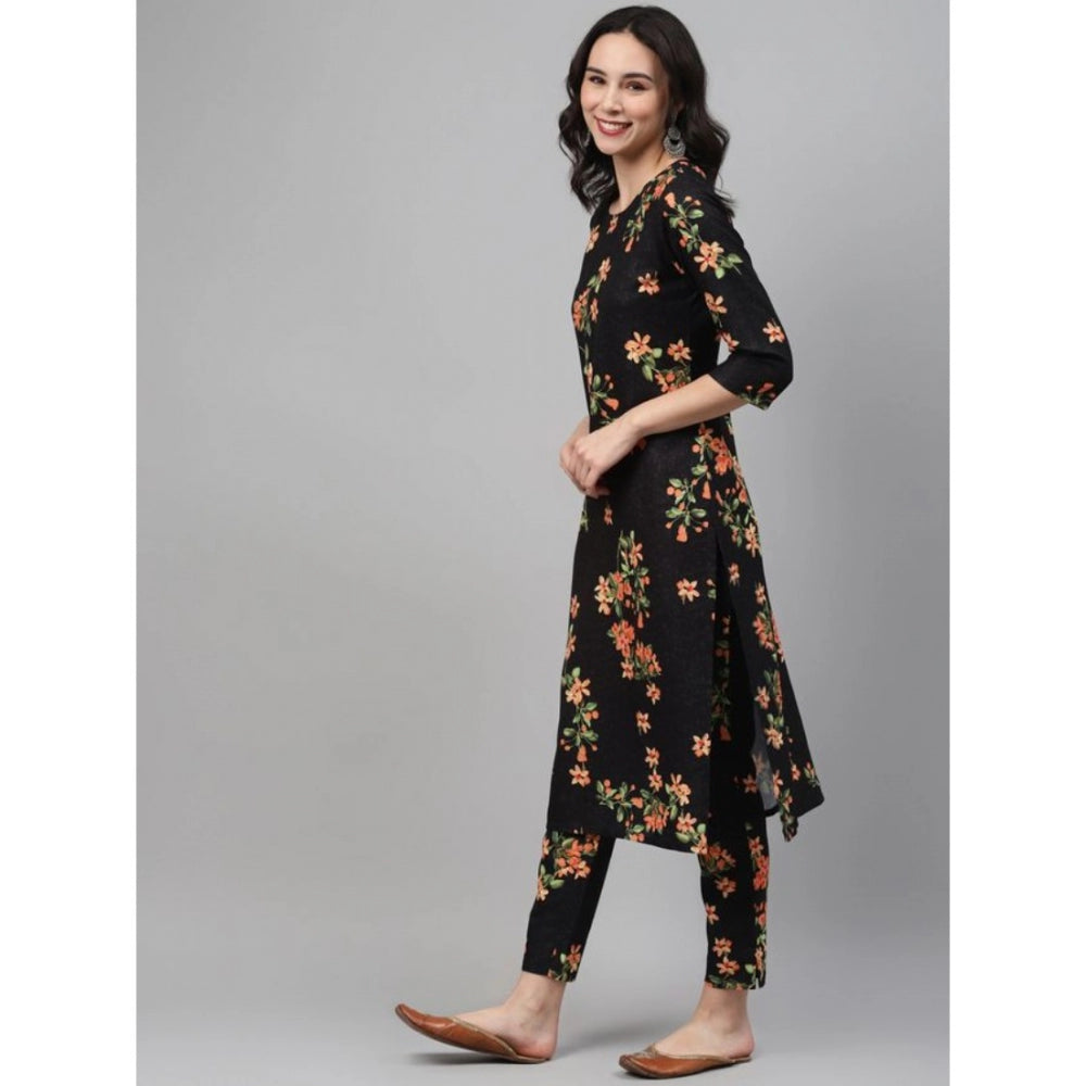 Amfyn Women's Casual 3-4Th Sleeve Floral Printed Rayon Kurti And Pant Set (Black)
