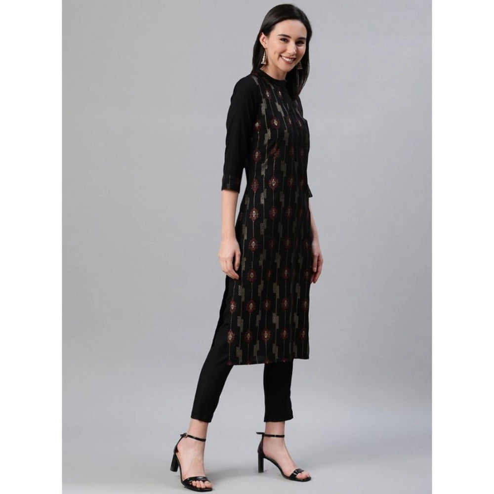 Amfyn Women's Casual 3-4Th Sleeve Ethnic Motifs Rayon Kurti And Pant Set (Black)