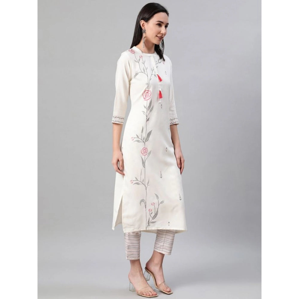 Amfyn Women's Casual 3-4Th Sleeve Floral Printed Rayon Kurti And Pant Set (Cream)