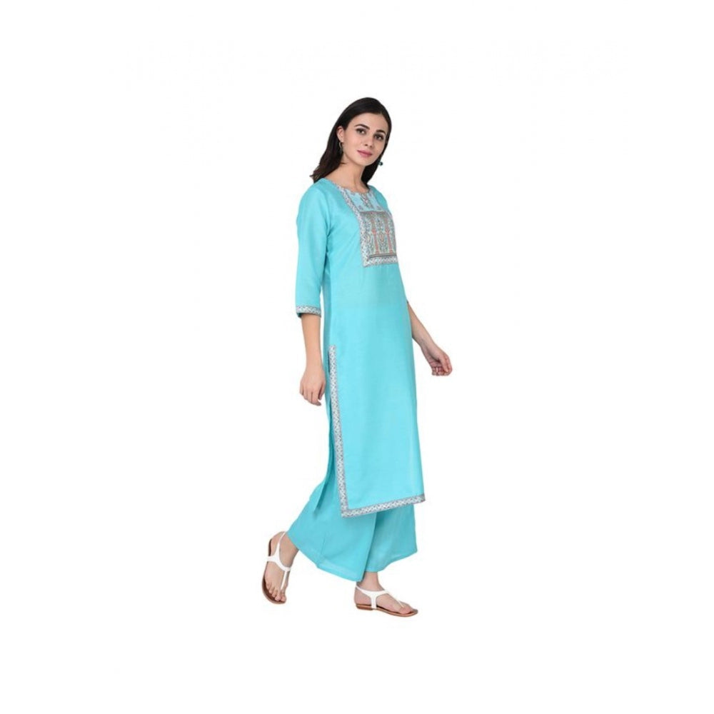 Amfyn Women's Casual 3-4Th Sleeve Floral Printed Poly Silk Kurti and Palazzo Set (Blue)