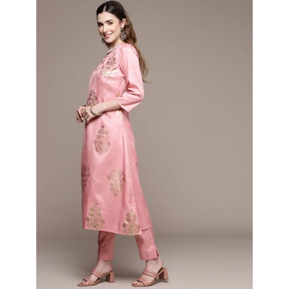 Amfyn Women's Casual 3-4Th Sleeve Floral Printed Poly Silk Kurti Pant And Dupatta Set (Light Pink)