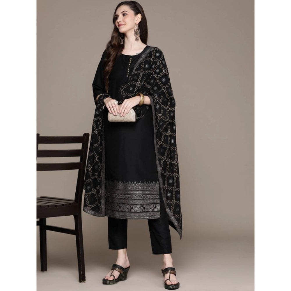 Amfyn Women's Casual 3-4Th Sleeve Border Crepe Kurti Pant And Dupatta Set (Black)