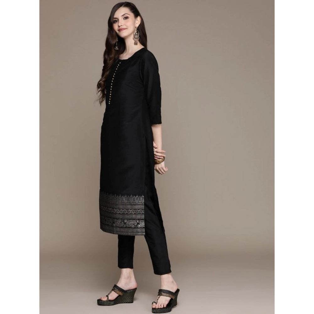 Amfyn Women's Casual 3-4Th Sleeve Border Crepe Kurti Pant And Dupatta Set (Black)