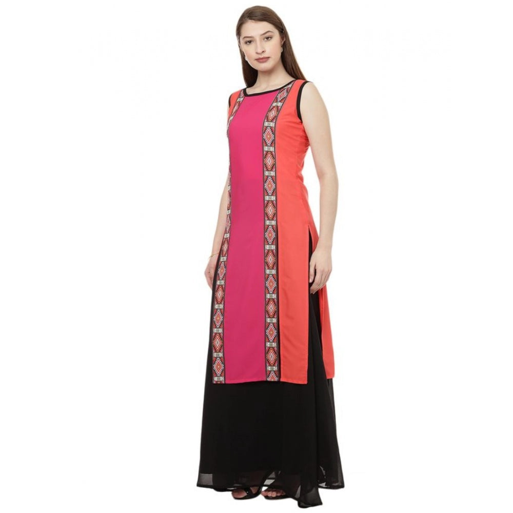 Amfyn Women's Casual Sleeveless Geometric Crepe Kurti (Pink)