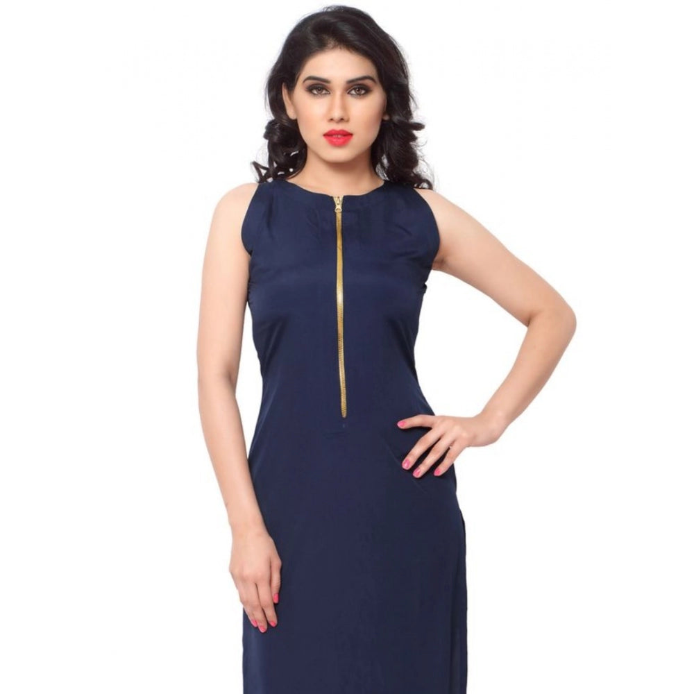 Amfyn Women's Casual Sleeveless Solid Crepe Kurti (Blue)