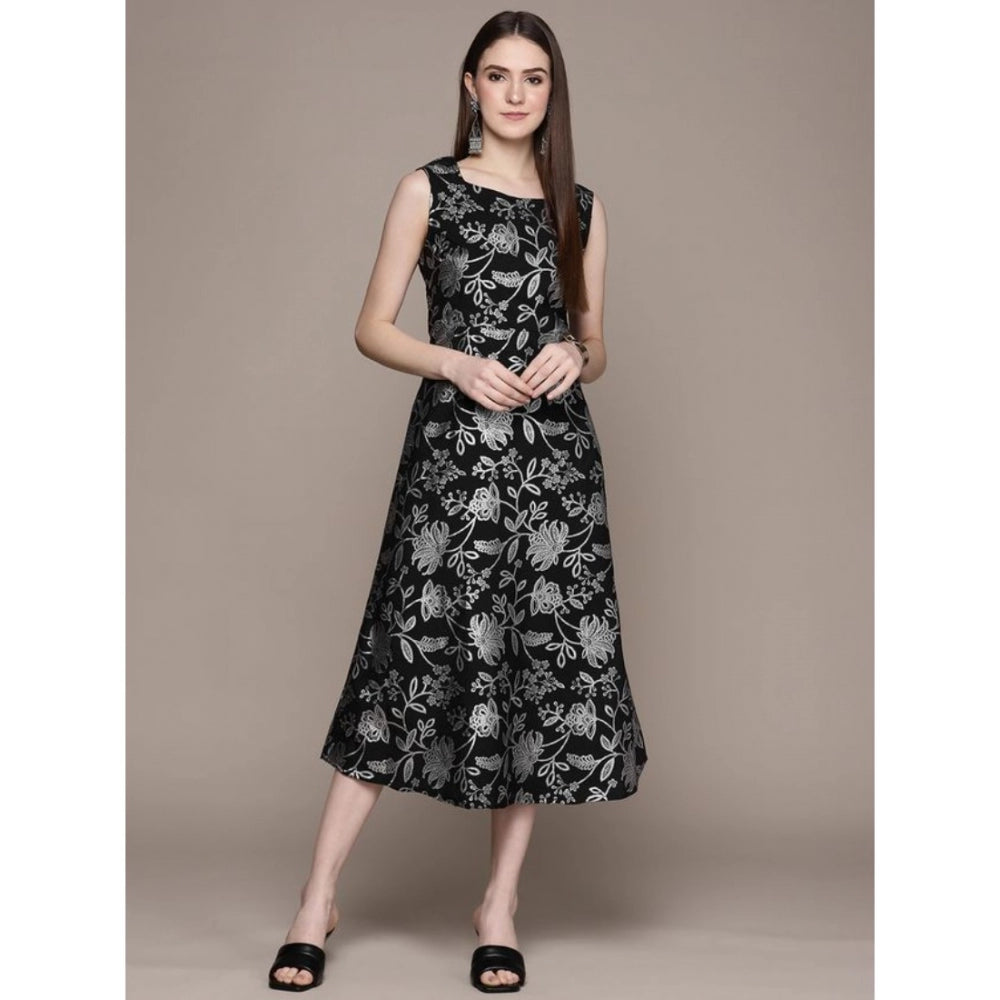 Amfyn Women's Casual Sleeveless Floral Printed Crepe Ethnic Dress (Black)