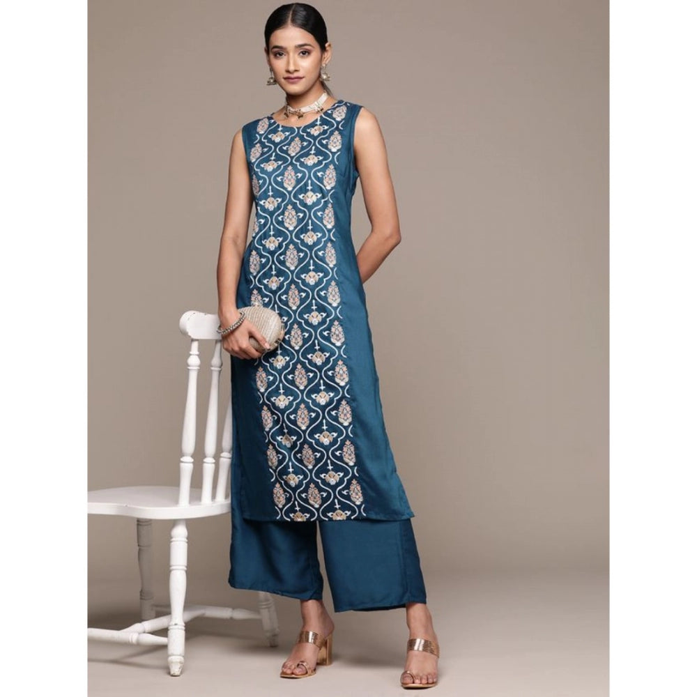 Amfyn Women's Casual Sleeveless Floral Printed Chinon Kurti and Palazzo Set (Teal Blue)