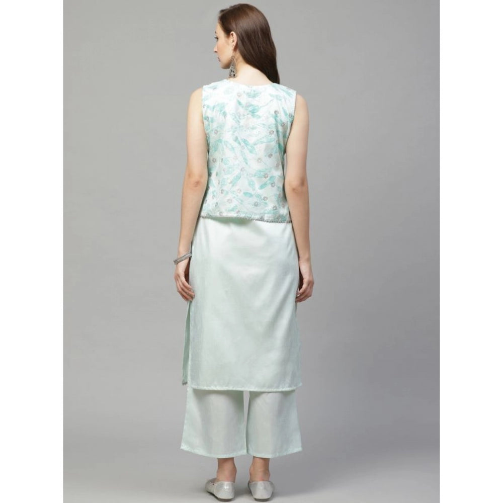 Amfyn Women's Casual Sleeveless Abstract Poly Silk Kurti and Palazzo Set (Mint Green)
