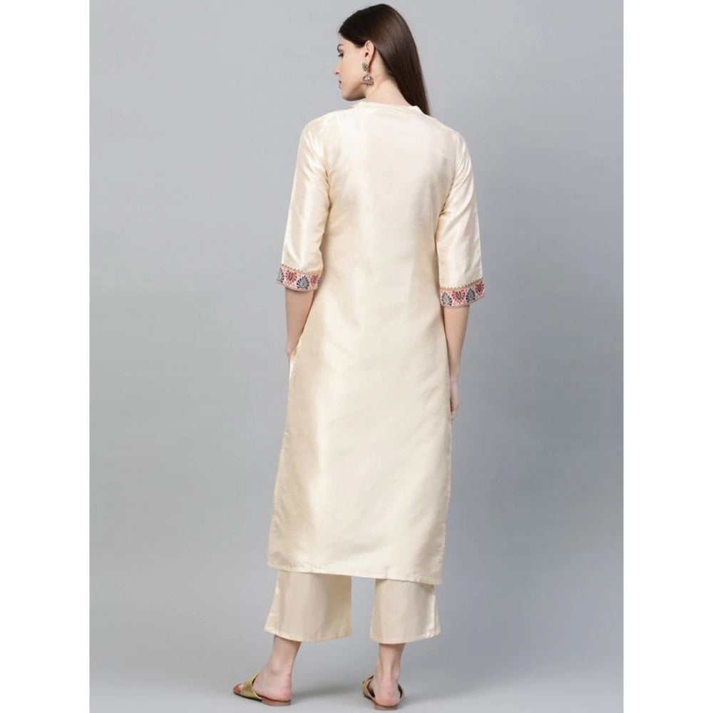Amfyn Women's Casual 3-4Th Sleeve Ethnic Motifs Poly Silk Kurti and Palazzo Set (Cream)