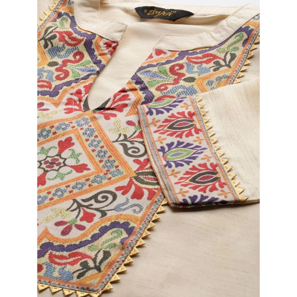 Amfyn Women's Casual 3-4Th Sleeve Ethnic Motifs Poly Silk Kurti and Palazzo Set (Cream)