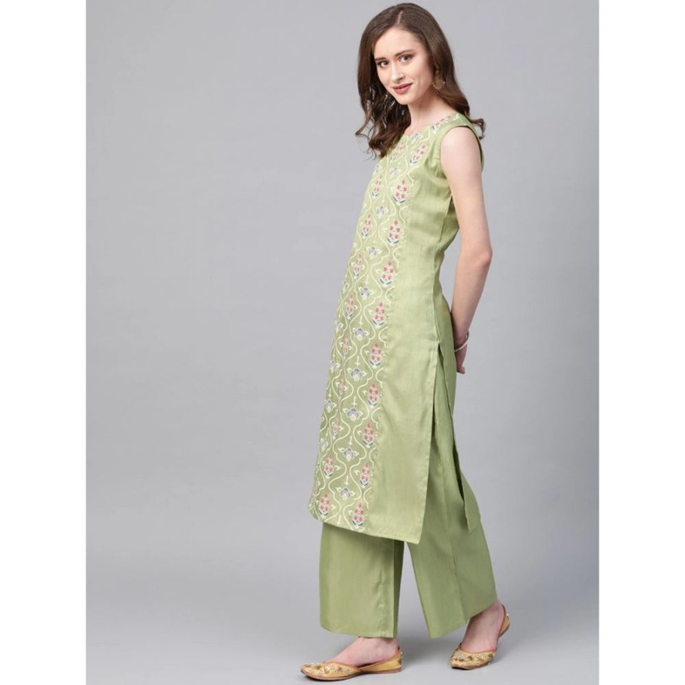 Amfyn Women's Casual Sleeveless Floral Printed Poly Silk Kurti and Palazzo Set (Green)