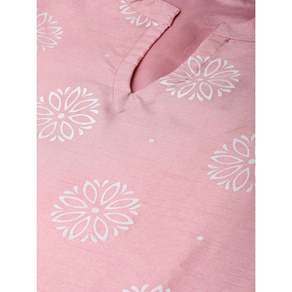 Amfyn Women's Casual 3-4Th Sleeve Floral Printed Poly Silk Kurti And Palazzo Set (Pink)