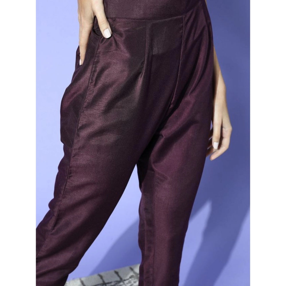 Amfyn Women's Casual 3-4Th Sleeve Floral Printed Chinon Kurti And Pant Set (Wine &amp; Purple)