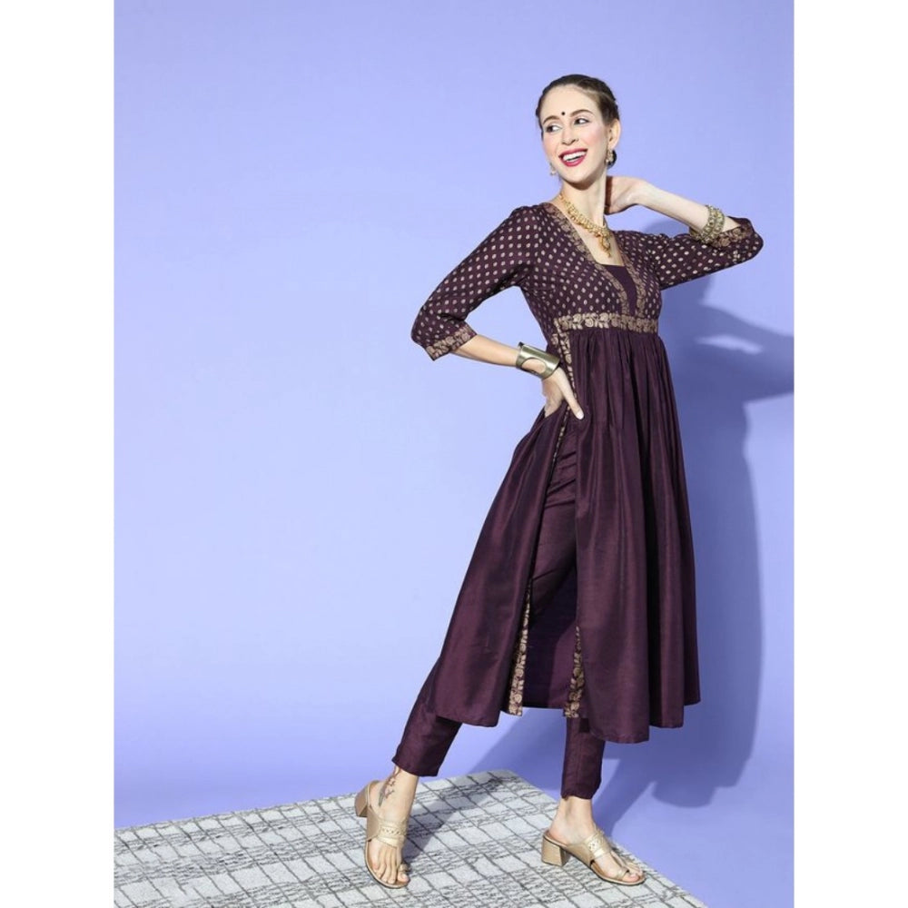 Amfyn Women's Casual 3-4Th Sleeve Floral Printed Chinon Kurti And Pant Set (Wine &amp; Purple)
