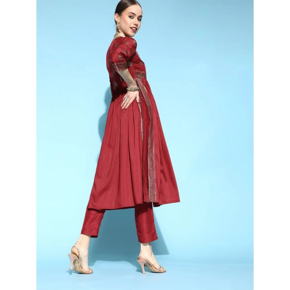 Amfyn Women's Casual 3-4Th Sleeve Floral Printed Chinon Kurti And Pant Set (Maroon)