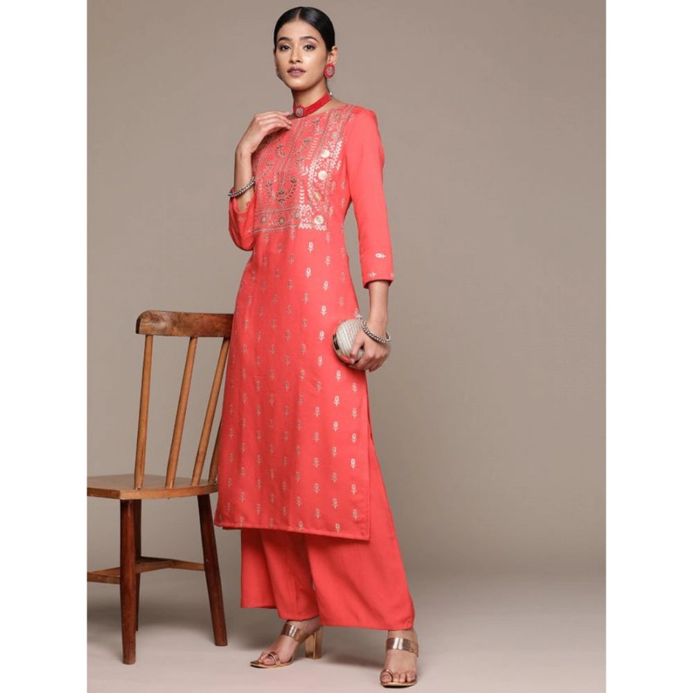 Amfyn Women's Casual 3-4Th Sleeve Floral Printed Rayon Kurti and Palazzo Set (Orange)