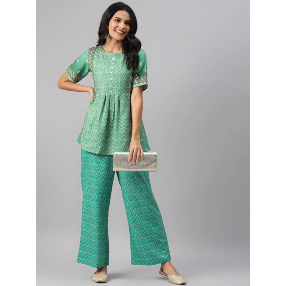 Amfyn Women's Casual Half Sleeve Geometric Rayon Kurti And Palazzo Set (Green)