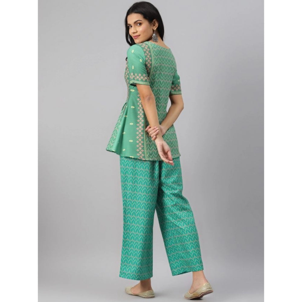 Amfyn Women's Casual Half Sleeve Geometric Rayon Kurti And Palazzo Set (Green)