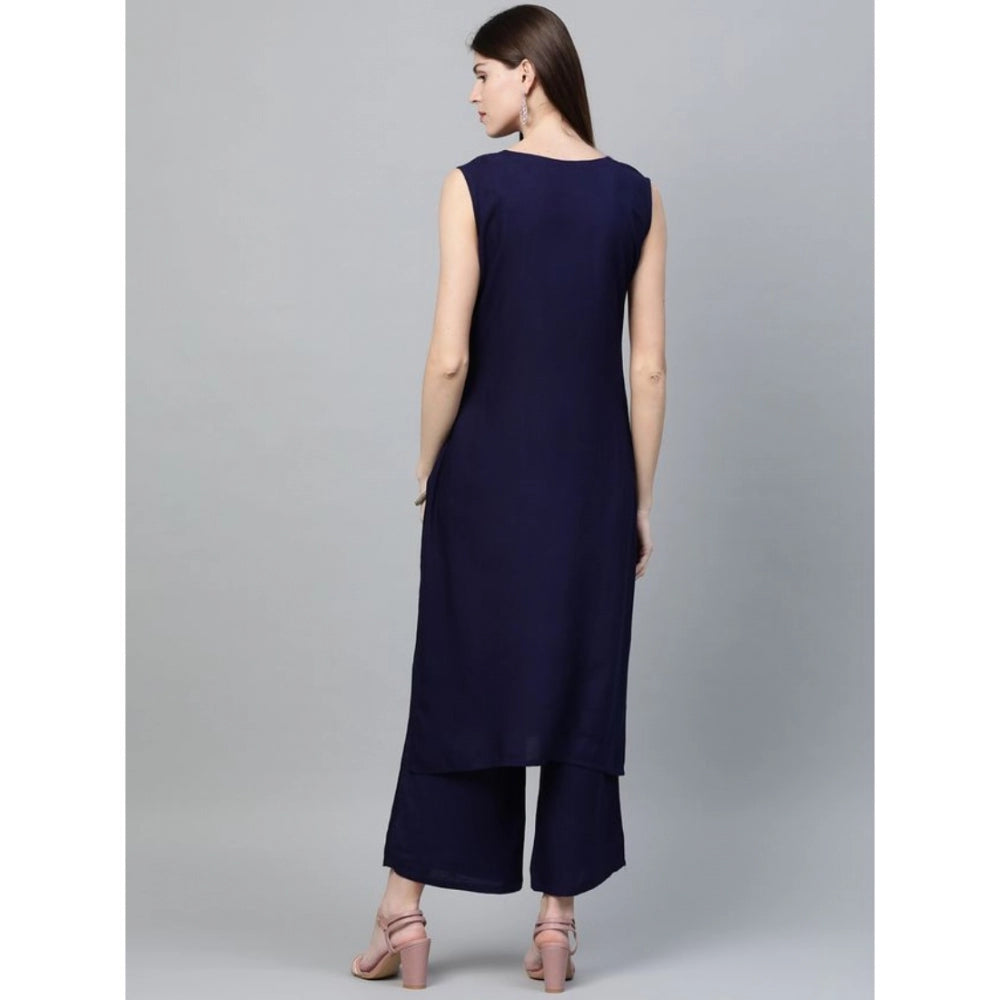 Amfyn Women's Casual Sleeveless Ikkat Rayon Kurti and Palazzo Set (Navy Blue)
