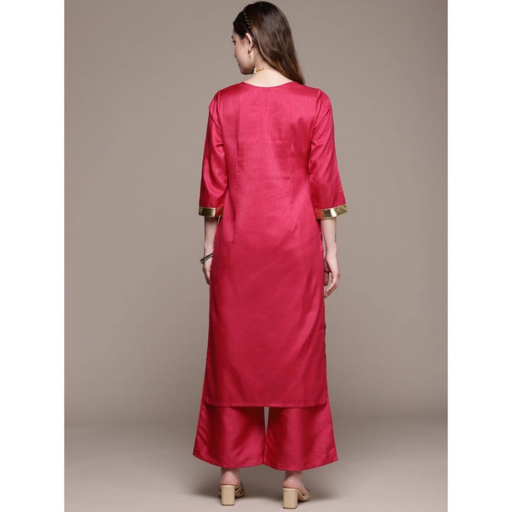 Amfyn Women's Casual 3-4Th Sleeve Ethnic Motifs Poly Silk Kurti And Palazzo Set (Pink)