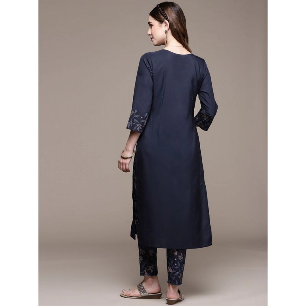 Amfyn Women's Casual 3-4Th Sleeve Floral Printed Crepe Kurti and Pant Set (Navy Blue)