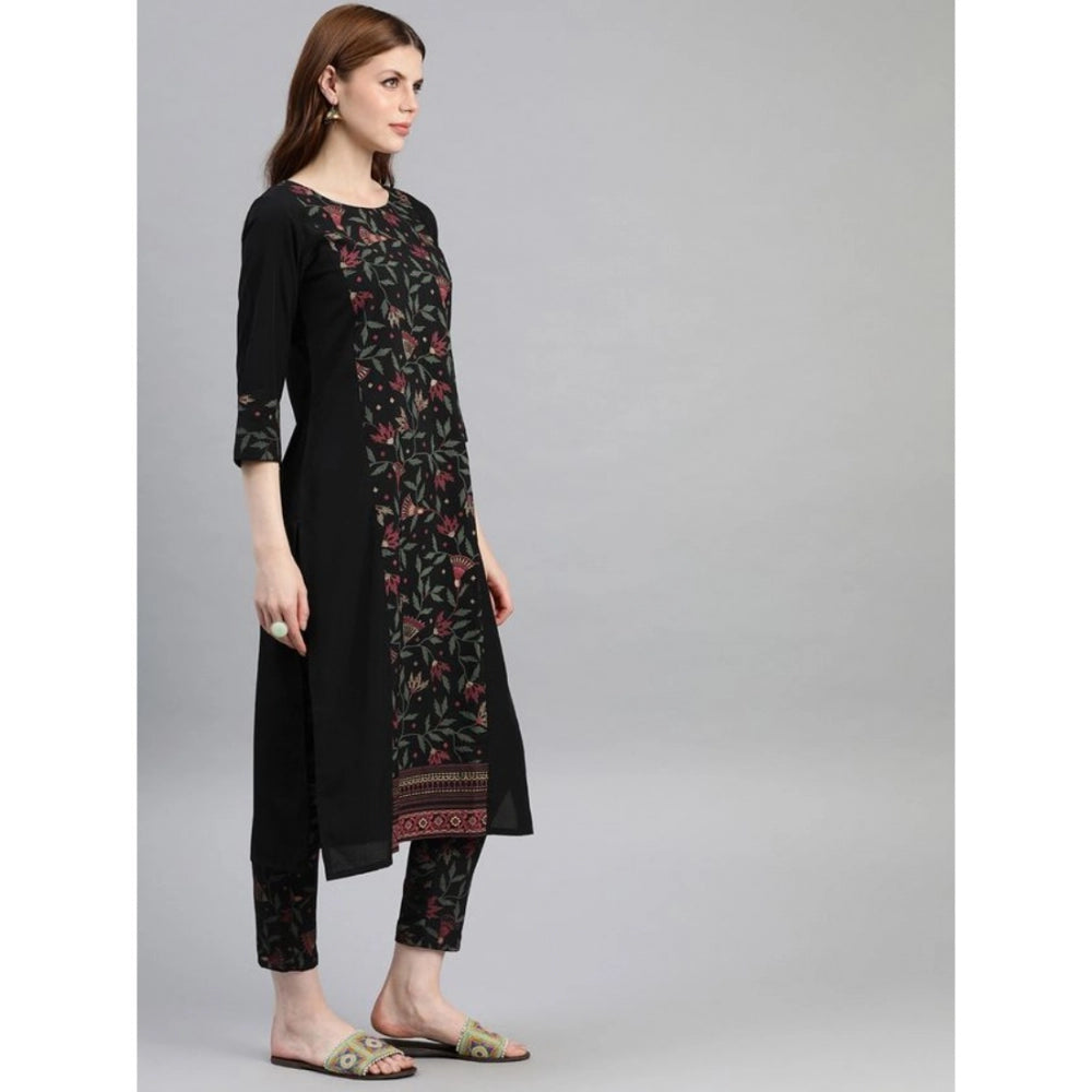 Amfyn Women's Casual 3-4Th Sleeve Floral Printed Crepe Kurti and Pant Set (Black)